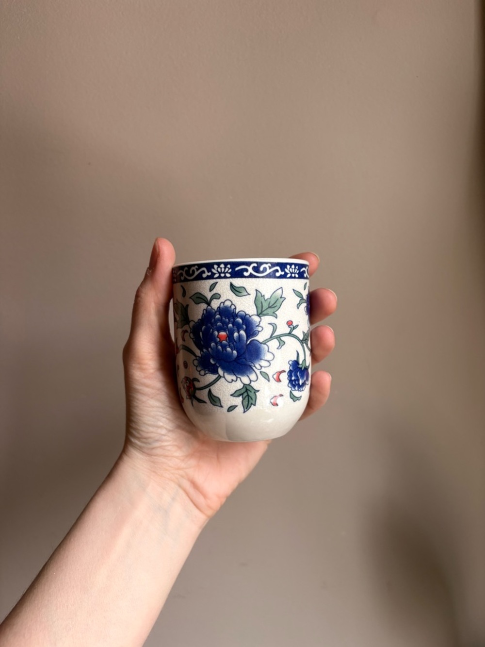Japanese Inspired Blue Floral Ceramic Tumbler (handless mug or sake cup)